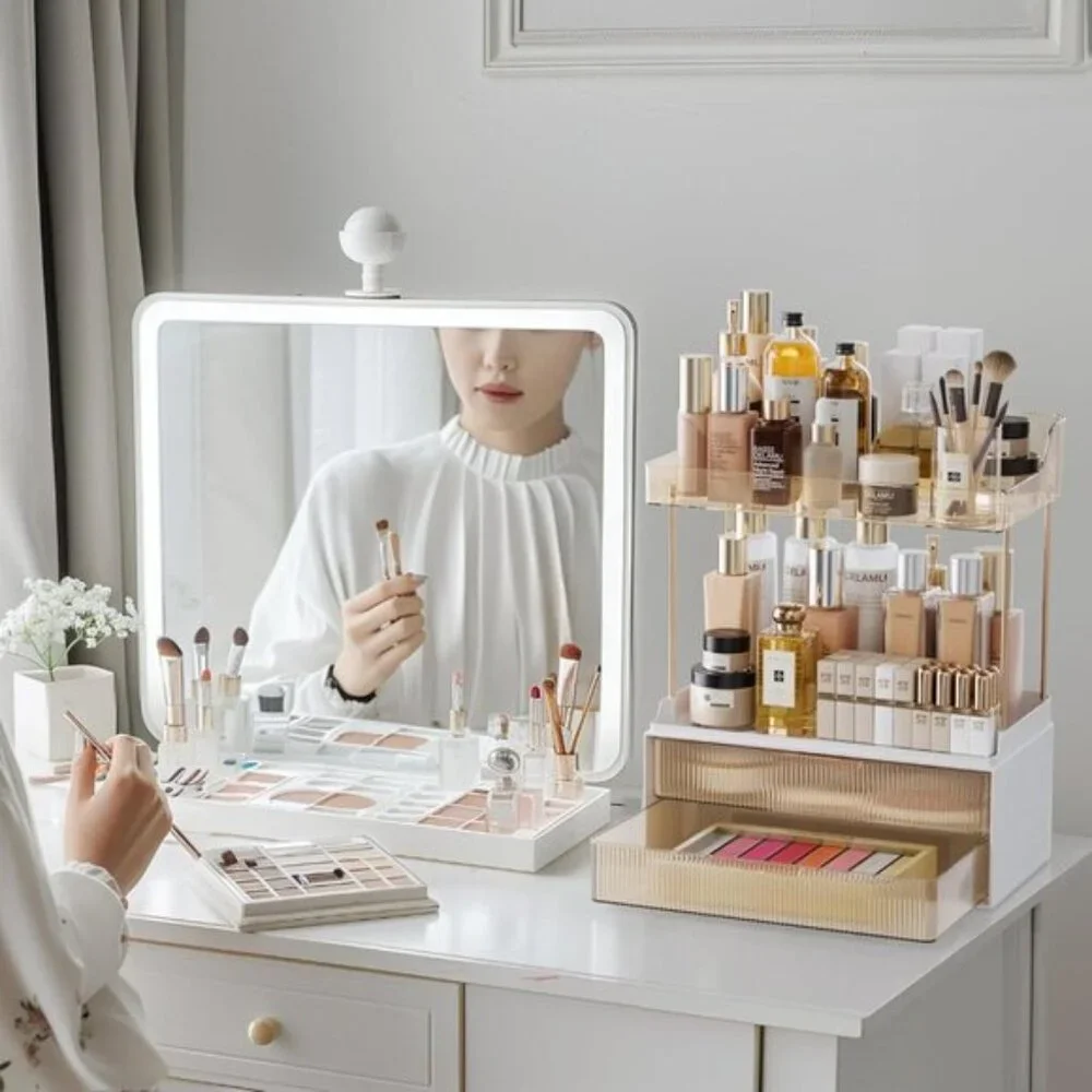 New 2-Tier Bathroom Organizer with Drawers, Amber Countertop Storage for Vanity